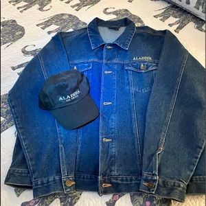 VINTAGE ICONIC ALADDIN CASINO JEAN JACKET LAS VEGAS LOGO GENIE LAMP & CASINO CAP